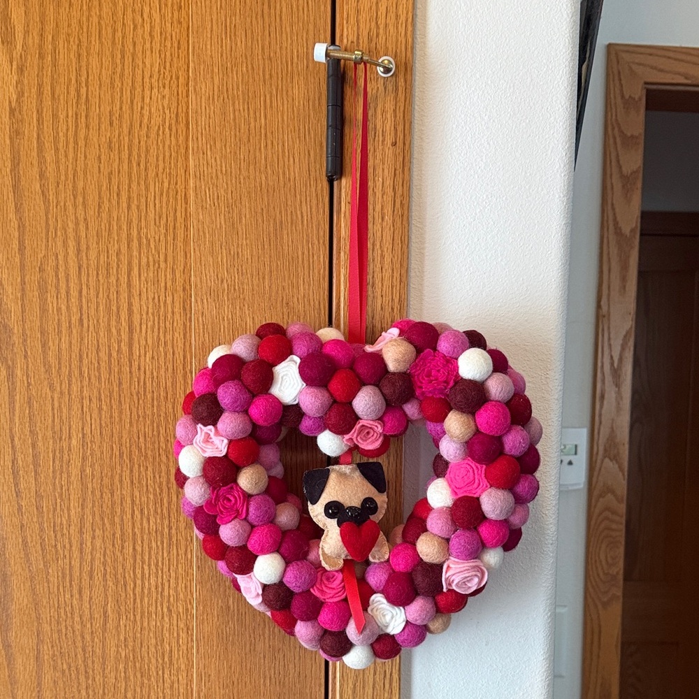 Handmade Heart Felt Ball Valentine Wreath with Pug